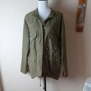 trf_Outerwear Olive Green Women's Jacket with Pearl Accents